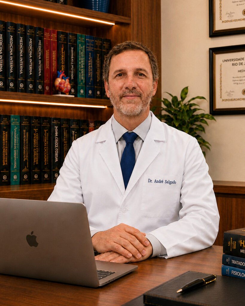 Dr. André Salgado, médico especialista em clínica médica, em consultório no Rio de Janeiro