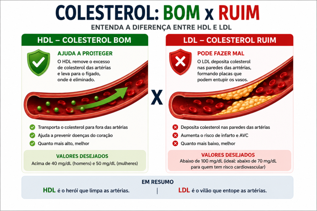 Infográfico explicando a diferença entre colesterol bom (HDL) e colesterol ruim (LDL) no colesterol alto.