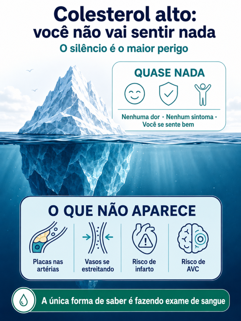 Infográfico sobre colesterol alto mostrando que ele não dá sintomas, enquanto placas se formam nas artérias silenciosamente
