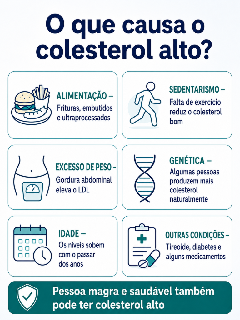 Infográfico com as causas do colesterol alto: alimentação, sedentarismo, excesso de peso, genética, idade e outras condições