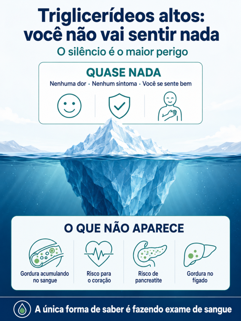 Infográfico mostrando que triglicerídeos altos são silenciosos: sem sintomas visíveis, enquanto o risco cardiovascular aumenta por dentro