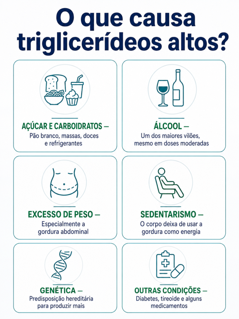 Infográfico com as causas dos triglicerídeos altos: açúcar, álcool, excesso de peso, sedentarismo, genética e outras condições