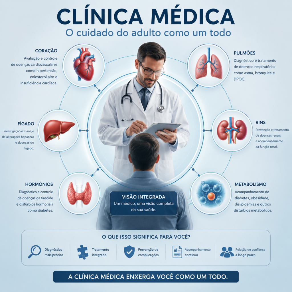 Clínica Médica: identificar, tratar e acompanhar uma grande variedade de doenças — e, principalmente, para enxergar as conexões entre elas.