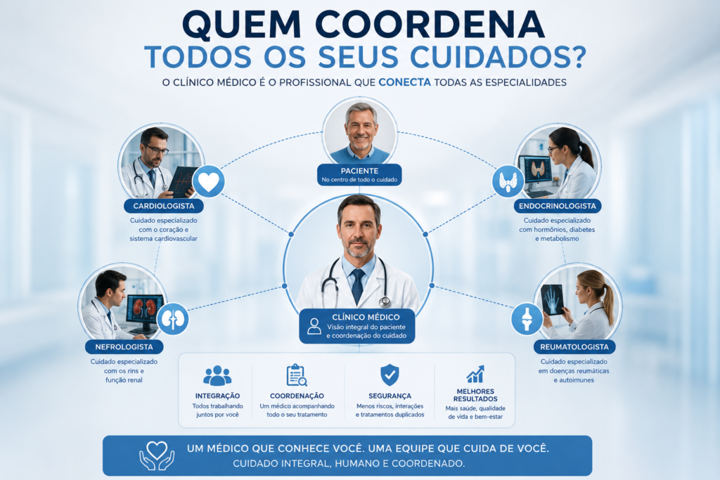 Infográfico de clínica médica mostrando o clínico médico no centro, conectando cardiologista, endocrinologista, nefrologista e reumatologista no cuidado do paciente.