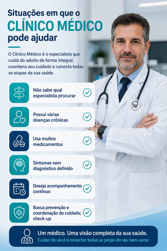 Infográfico de clínica médica com situações em que o clínico médico pode ajudar: várias doenças crônicas, uso de muitos medicamentos, sintomas sem diagnóstico e acompanhamento contínuo