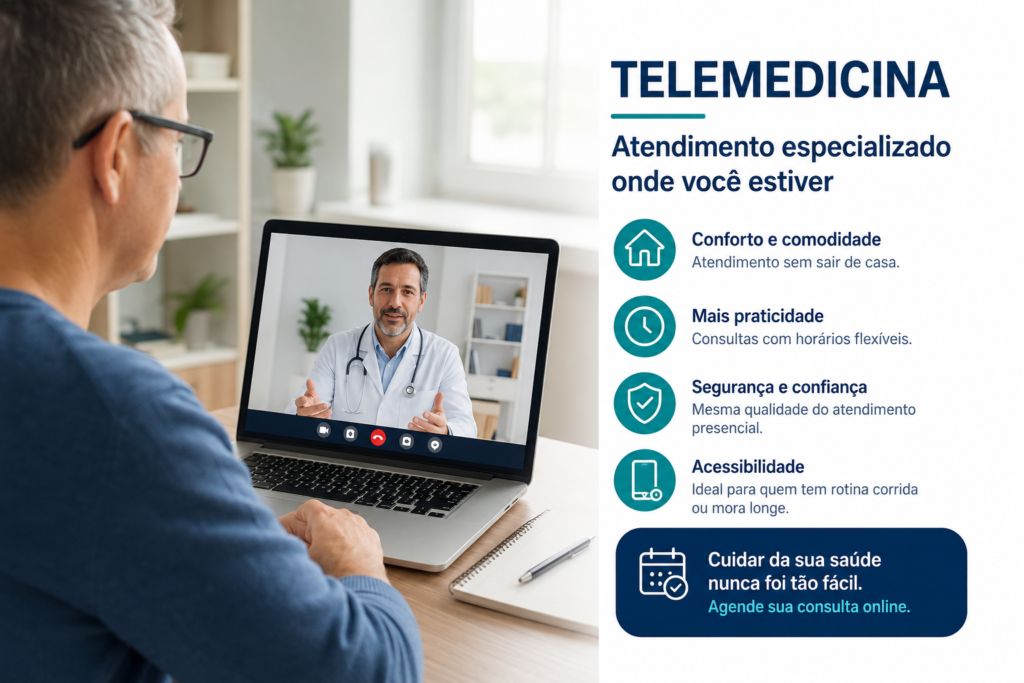Infográfico de clínica médica sobre telemedicina: atendimento especializado com conforto, praticidade, segurança e acessibilidade onde você estiver.