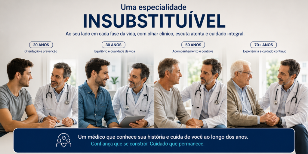 Infográfico de clínica médica mostrando o acompanhamento do paciente em cada fase da vida, dos 20 aos 70 anos, com olhar clínico e cuidado integral
