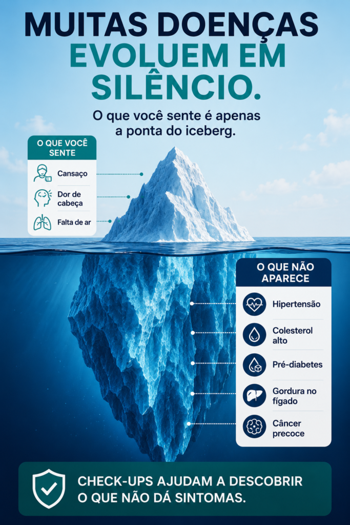 Infográfico médico sobre importancia do check up com iceberg mostrando que muitas doenças evoluem em silêncio, contrastando sintomas percebidos com problemas ocultos como hipertensão, colesterol alto, pré-diabetes, gordura no fígado e câncer precoce.