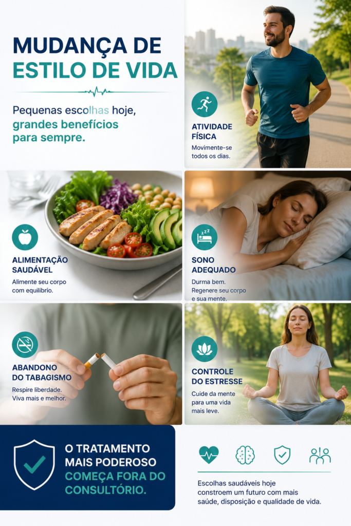 Aqui está o alt text para esse infográfico:
Infográfico de medicina preventiva sobre mudança de estilo de vida: atividade física, alimentação saudável, sono adequado, abandono do tabagismo e controle do estresse