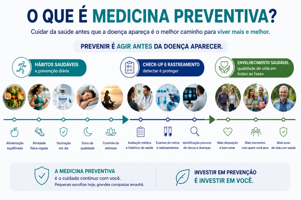 Infográfico sobre medicina preventiva mostrando hábitos saudáveis, check-up e rastreamento e envelhecimento saudável