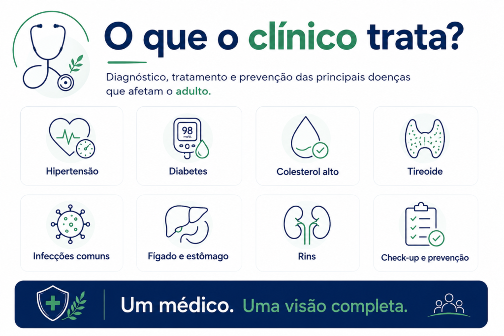 Infográfico de clínica médica mostrando o que o médico clínico trata: pressão alta, diabetes, colesterol, tireoide, infecções e doenças do coração, pulmão e rins.