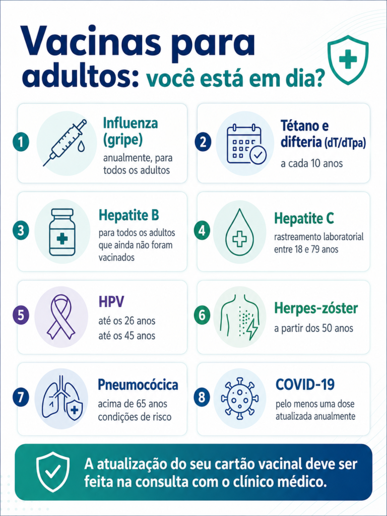 Infográfico de medicina preventiva sobre vacinas para adultos, mostrando recomendações para influenza, tétano e difteria, hepatite B, hepatite C, HPV, herpes-zóster, pneumocócica (pneumonia) e COVID-19.