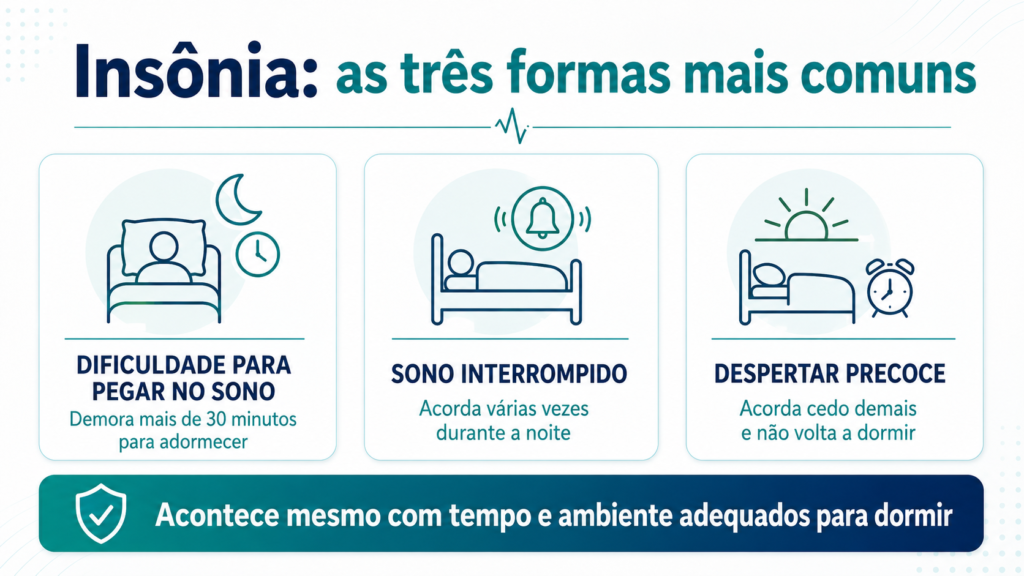 Infográfico sobre as três formas de insônia: dificuldade para pegar no sono, sono interrompido e despertar precoce