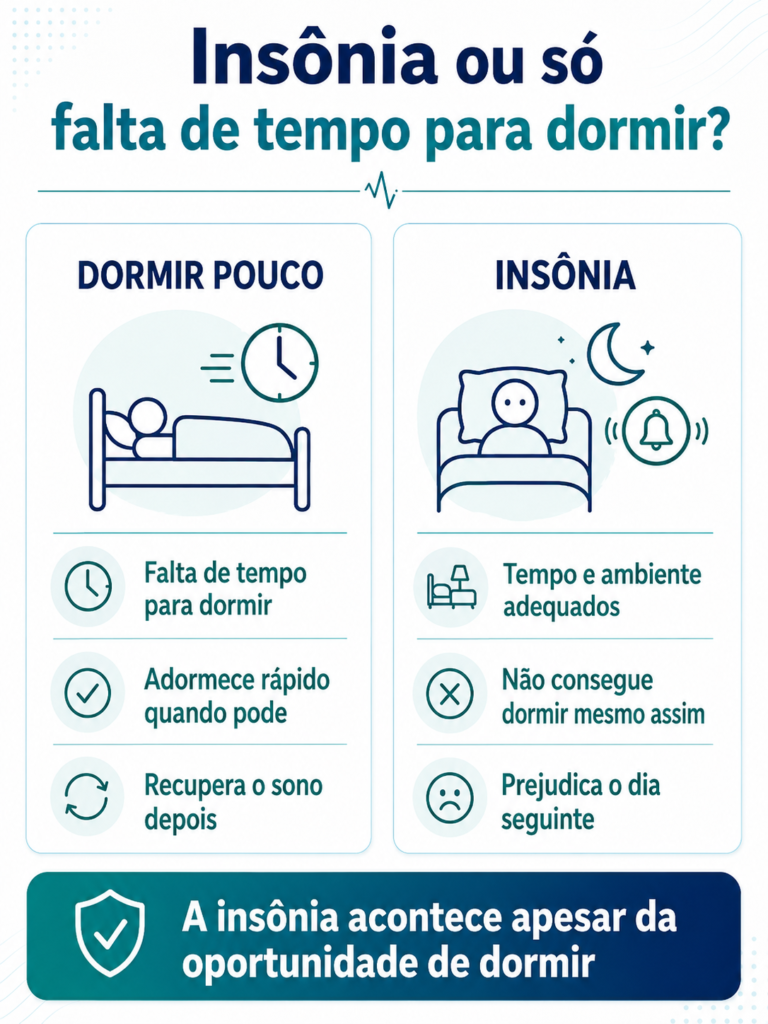 Infográfico comparando insônia e falta de tempo para dormir: quem dorme pouco adormece rápido quando pode, quem tem insônia não consegue dormir mesmo com oportunidade