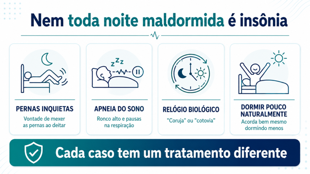 Infográfico sobre o que pode ser confundido com insônia: síndrome das pernas inquietas, apneia do sono, relógio biológico desregulado e dormir pouco naturalmente