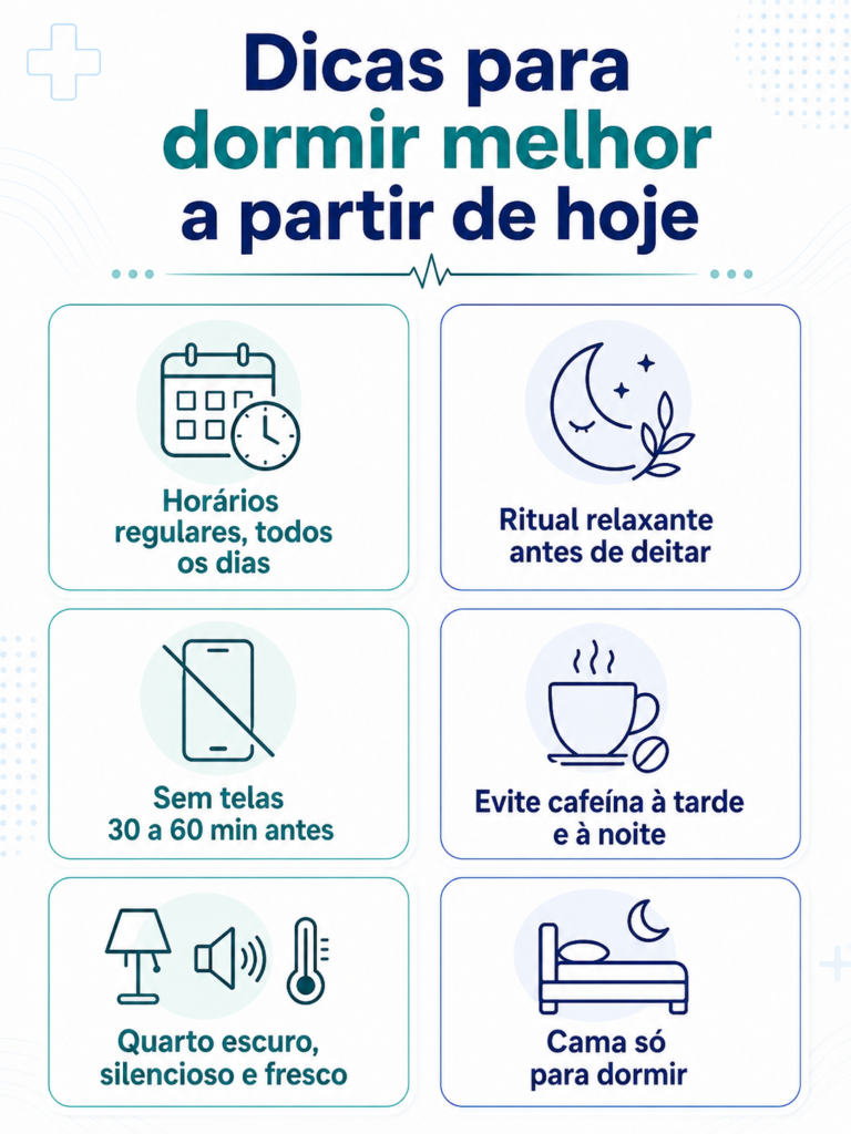 Infográfico com dicas para dormir melhor e combater a insônia: horários regulares, ritual relaxante, menos telas, menos cafeína e quarto escur
