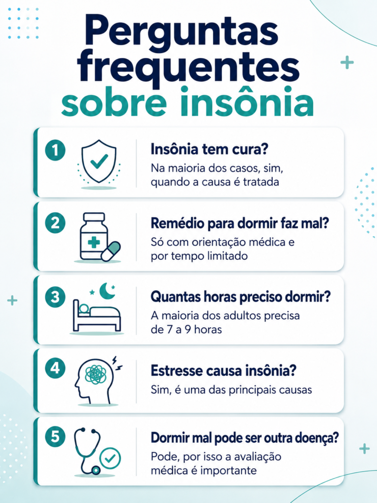 Infográfico com perguntas frequentes sobre insônia: se tem cura, uso de remédios, horas de sono e relação com estresse